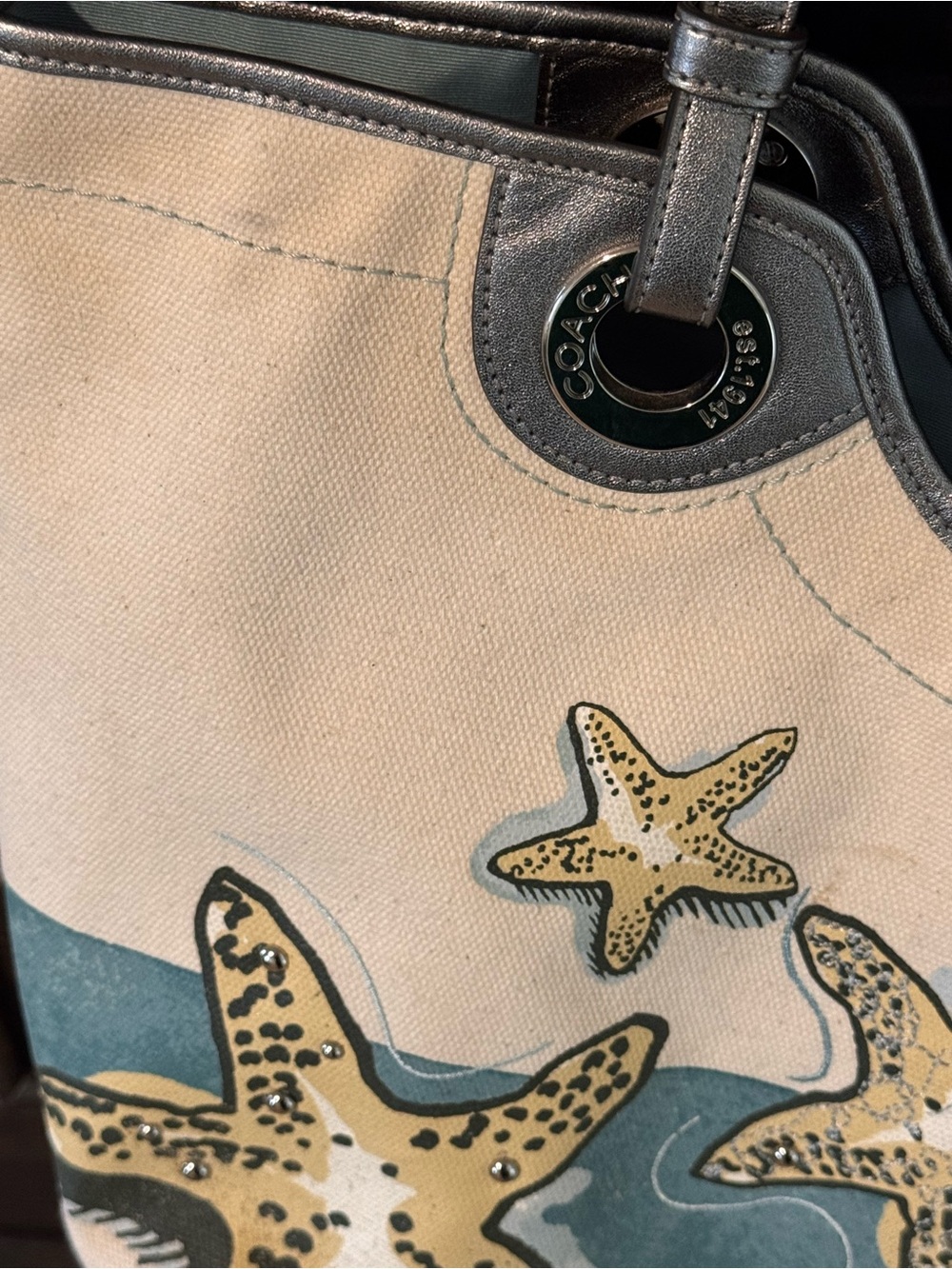 Rare Coach F19212 Starfish Beach Tote Canvas Teal Silver 2012 - Picture 11 of 15